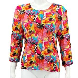 UBU Top Womens Large Pink Blue Floral Colorful Wacky Artsy Scrunch Stretch Sheer